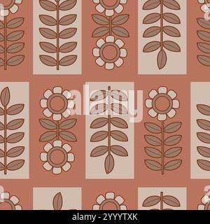 Floral seamless pattern mocha mousse. Minimalistic brown background with simple repeatable tile design with flower and branch leaves. Vector illustrat Stock Vector