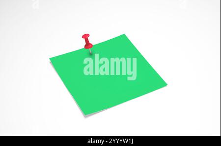 Piece of note paper isolated. Blank green sticky note with thumbtack. Blank note, red pin Stock Photo