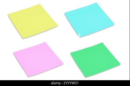 Piece of note paper isolated. Sticky notes in assorted vibrant hues set against a white backdrop. Blank note. Stock Photo