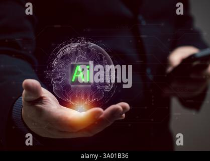 Man holding a globe with an AI icon inside in his hand. A digital world where AI plays a role. Artificial intelligence innovations is coming to connec Stock Photo