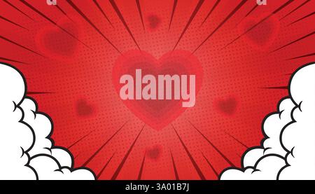 red heart background comic style love clouds rays cartoon pop art romance valentine Stock Vector