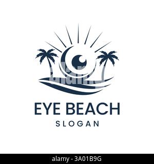 Modern Logo featuring Eyes, Tropical Beach Palm Trees, Waves and Sunlight. Logo for Travel Agency, Resort Stock Vector
