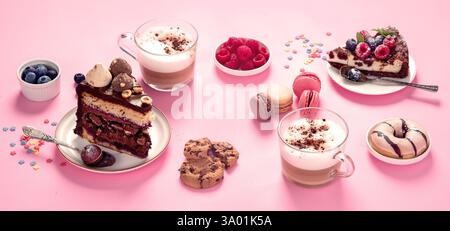 Table with cookies, donuts, cakes, cheesecakes and coffee cups  on pink background.  Delicious dessert table. Stock Photo