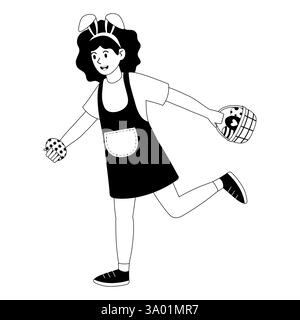 Happy girl in bunny costume holding Easter eggs during spring celebration Stock Vector
