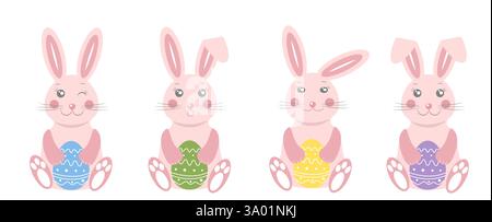Colorful illustration of happy bunnies holding decorated easter eggs in various colors for a festive celebration Stock Vector