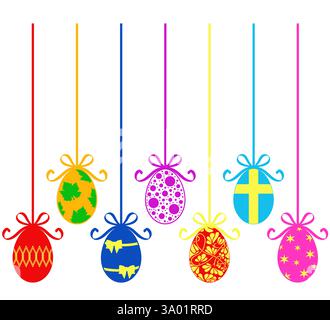 Set of different hanging Easter egg decorations isolated on white background Stock Vector