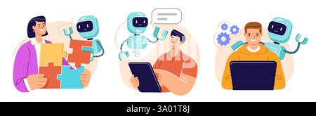 Artificial intelligence helps multitasking or productivity. Human interacts with robot assistant. Innovation technology Stock Vector