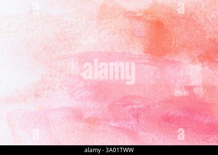 Macro close-up of hand painted orange&pink watercolor gradient fill background with watercolour stains. Abstract textured paper background. Copy space Stock Photo