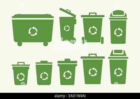 The image is of different green recycling bins with the recycling symbol, promoting environmental conservation and sustainable practices. Stock Vector
