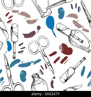 Manicure pedicure cuticle polish varnish lacquer color splashes, nail file emery board, scissors. Isolated seamless pattern, vector hand drawn ink Stock Vector