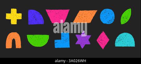 Set of simple colorful geometric figures hand drawn with crayon. Colored pencil or charcoal textured shapes. Vector illustrations isolated on a black Stock Vector