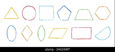 Hand drawn geometric shapes with crayon brush texture. Colored pencil outline figures. Circle, triangle, square, trapezoid, rhombus and other. Vector Stock Vector