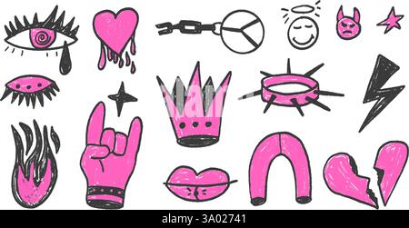 Rock charcoal drawn set. Punk girly breaking heart doodle background. Scribble grunge eye, tear, magnet arch elements. Heart, crown and chain sketch g Stock Vector