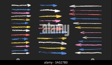Arrow crayon drawn set. Straight thin pointers doodle elements. Vector direction arrows by pencil. Colorful way stroke shapes. Grunge chalk path graph Stock Vector