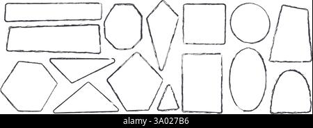 Brush stroke kids geometric shapes set. Text boxes paint textured thin frames pack. Rounded and square borders figures. Vector hand drawn ink black qu Stock Vector