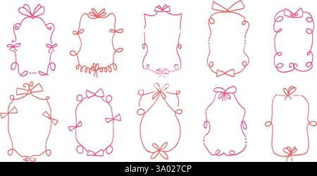 Doodle coquette frames with bows crayon drawing. Vintage line wavy border with ribbons set. Vector cute scribble curly rectangle and oval template foe Stock Vector