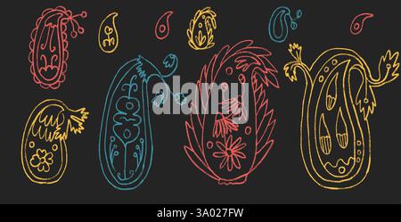 Paisley crayon drawn set. Indian traditional ornament doodle isolated on dark background. Modern grunge simple decoration chalk elements. Vector flora Stock Vector