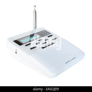 Red flag fire warning that has been issued and received by a hazards and weather radio that is displaying the nearby threat on its screen. Stock Photo