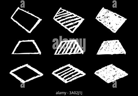 Set of abstract geometric basic shapes drawn with pastel white color or charcoal. Hand drawn paint quote frame collection. Empty monochrome speech Stock Vector