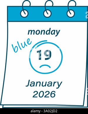 Spring bound calendar pages Monday 19 January 2026 Data Stroke around and Blue Freehand inscription. Isolated Vector illustration Greeting, thematic cards, poster or web promo banner, leaflet, posting Stock Vector