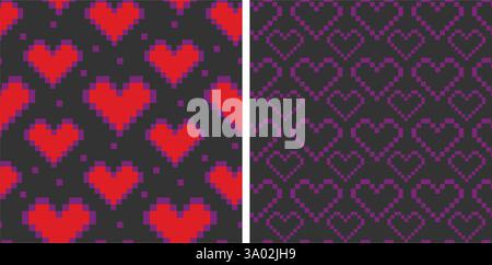 Pixel Art Red and Violet Hearts Seamless Pattern on dark background St Valentine Day wallpaper Set 2. Isolated Vector illustration Thematic cards, Wrapping or web promo banner, leaflets, tags, labels Stock Vector