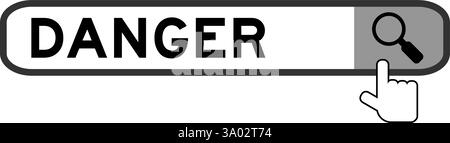 Search banner in word danger with hand over magnifier icon on white background Stock Vector