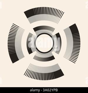 Black grey circle segments as fan shape. Round striped frame on beige background. Design element for logo, web pages, prints, posters, template. Stock Vector
