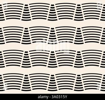 Black white striped seamless pattern. Arc lines on beige background. Striped triangles Stock Vector