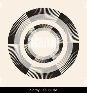 Round striped frame vector object. Black grey segmented circle on beige background. Design element for frame, logo, web pages, prints, posters, templa Stock Vector