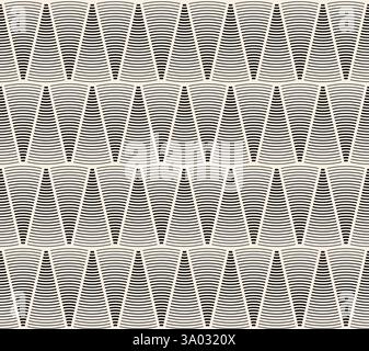 Black striped triangles seamless pattern. Arc many lines on beige background. Striped triangles Stock Vector