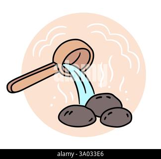 Finnish sauna hand drawn doodle icon. Ladle pouring water on stones creating steam. Simple drawing, vector clip art illustration. Stock Vector