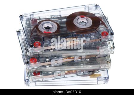Retro audio cassettes isolated on white background, 80's music concept. Selective focus Stock Photo