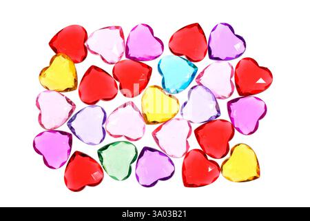 Collection of colorful transparent glass hearts isolated on white background Stock Photo