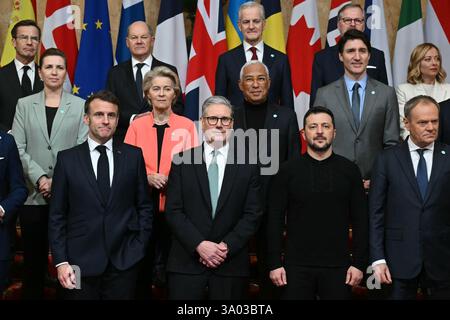 (back row left to right) Sweden's Prime Minister Ulf Kristersson, Germany's Chancellor Olaf Scholz, Norway's Prime Minister Jonas Gahr Store, Czech Republic's Prime Minister Petr Fiala (middle row left to right) Denmark's Prime Minister Mette Frederiksen, European Commission President Ursula von der Leyen, European Council President Antonio Costa, Canada's Prime Minister Justin Trudeau, Italy's Prime Minister Giorgia Meloni (front row left to right) France's President Emmanuel Macron, Britain's Prime Minister Keir Starmer, Ukraine's President Volodymyr Zelensky and Poland's Prime Minister Dona Stock Photo