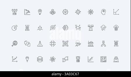 Science, digital graph and diagram analysis thin black outline symbols vector illustration. AI and software for data analytics automation, smart models and visualization line icon set Stock Vector