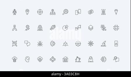 Digital brain, gear and microchip thin black outline symbols vector illustration. AI and smart technology, machine learning, engineering and system with artificial intelligence line icon set Stock Vector
