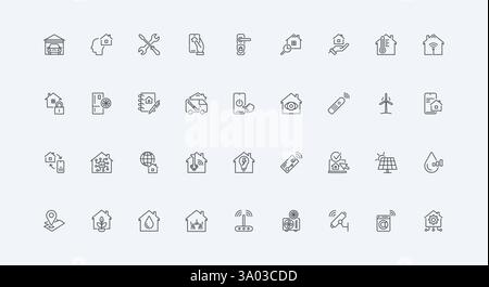 Light and energy, conditioning for residential building and garage, door lock thin black outline symbols vector illustration. Smart home panel automation with mobile app in phone line icon set Stock Vector