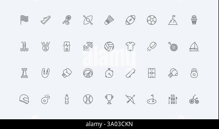 Shuttlecock and dumbbell, soccer field and ball for baseball football basketball volleyball thin black outline symbols vector illustration. Fitness, sport equipment and trophy line icon set Stock Vector