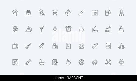 Morning routine, grocery shopping, sleep and food thin black outline symbols vector illustration. Daily schedule, everyday busy life time for work and rest in weekend, calendar line icon set Stock Vector