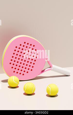 Bright pink paddle and yellow balls, for a fun game of padel tennis. 3d rendering Stock Photo