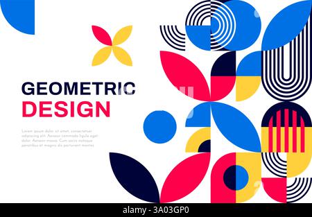 Business poster with abstract geometric pattern of vector modern graphic shapes. Minimal art line circles, color leaves, eye and flowers collage. Abst Stock Vector