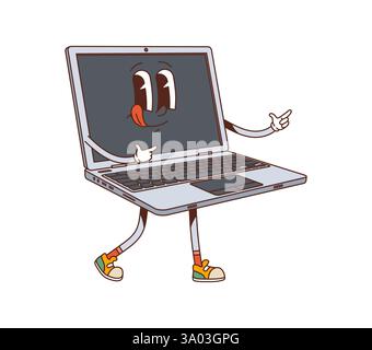 Cartoon groovy laptop computer character with expressive eyes, playful tongue out and a friendly pose. Isolated vector notebook pc retro personage wea Stock Vector