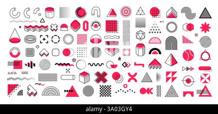 Memphis shapes set with vector abstract line graphic patterns of dots, waves, crosses and arrows. Modern minimal art circles, triangles, cones memphis Stock Vector