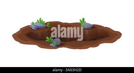 Hole in ground or cartoon pit burrow in deep dirty soil, vector icon. Underground manhole or deep dig burrow in ground with stone pebbles and grass pl Stock Vector