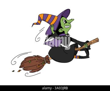 Cartoon groovy Halloween witch flying on broomstick for horror holiday, vector character. Halloween cartoon boo character of funny groovy green witch Stock Vector