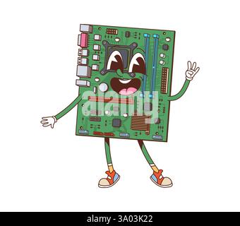Cartoon groovy computer motherboard character with funny face, vector personage. Groovy computer chipset or motherboard with happy smile for digital h Stock Vector