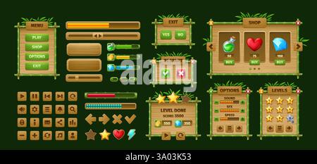 Bamboo game interface vector wooden sign boards and buttons with jungle palm tree leaves, UI elements. Cartoon bamboo wood sticks signboards, menu pan Stock Vector