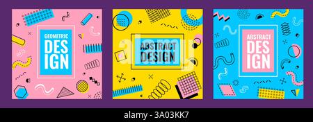 Memphis square cover backgrounds with abstract modern graphic pattern of vector geometric shapes, wave lines, arrows, dots and curves. Trendy geometri Stock Vector