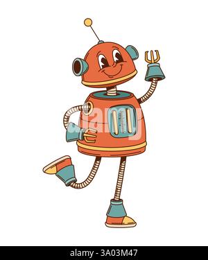 Dancing robot and android groovy funny character. Alien humanoid droid 70s retro cute mascot, chatbot cyborg android isolated vector vintage personage Stock Vector
