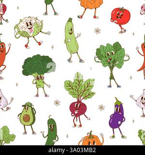Groovy vegetable character seamless pattern, featuring cartoon y2k veggies. Vector tile background with tomato, broccoli, cucumber, eggplants or beetr Stock Vector